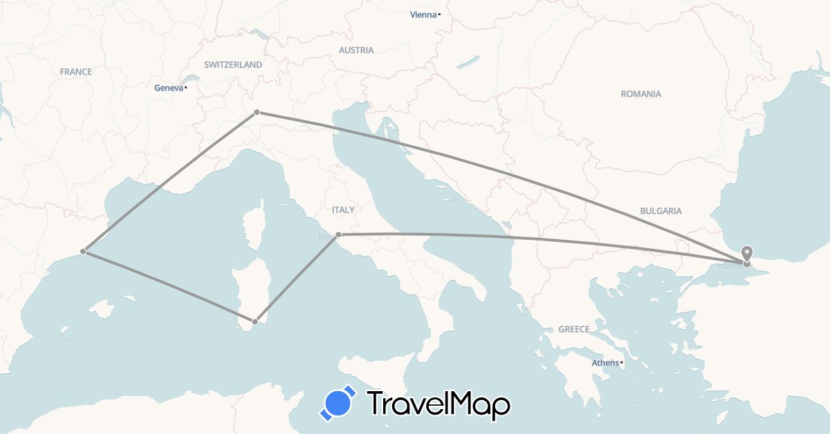 TravelMap itinerary: driving, plane in Spain, Italy, Turkey (Asia, Europe)